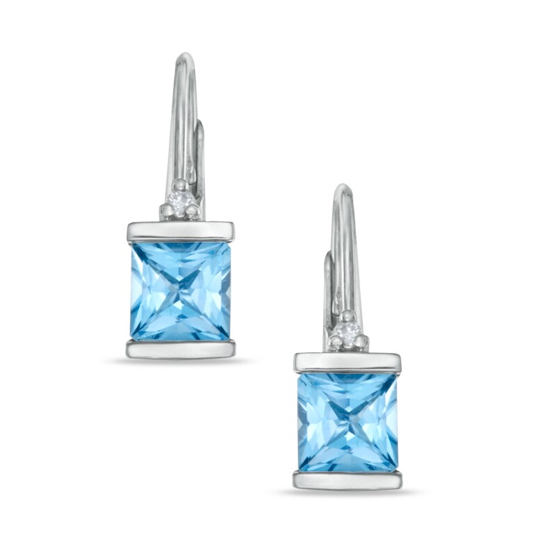 Main Image 1 of 5.0mm Princess-Cut Blue Topaz and Diamond Accent Leverback Earrings in 10K White Gold