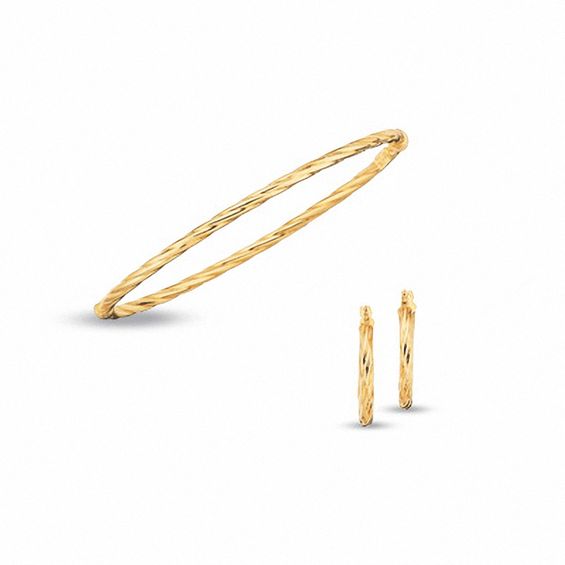 3.0mm Twisted Tube Bangle and Earring Set in 10K Gold