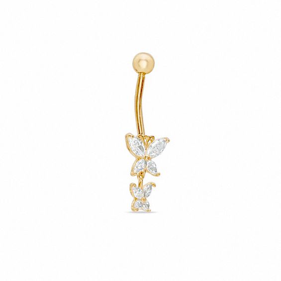 014 Gauge Butterfly Dangle Belly Button Ring with Cubic Zirconia in 14K Gold