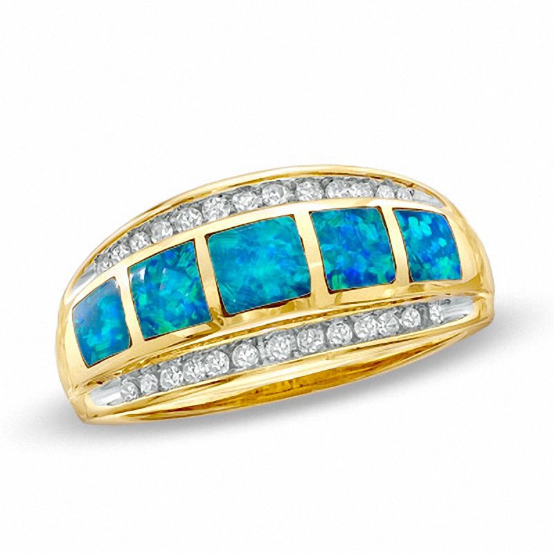 Cabochon Lab-Created Opal Inlay and 0.19 CT. T.W. Diamond Band in 10K Gold