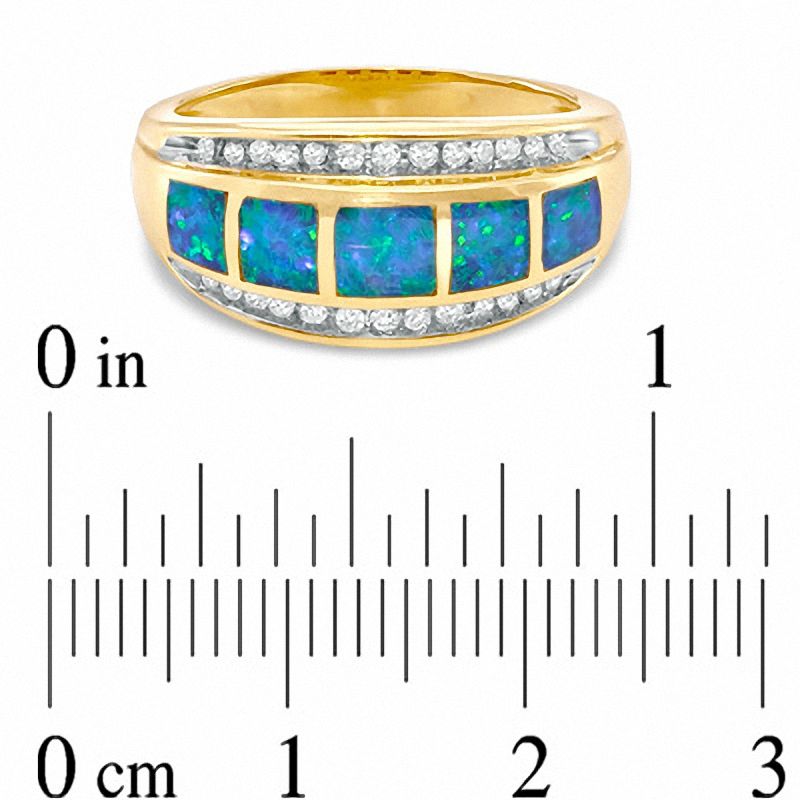 Cabochon Lab-Created Opal Inlay and 0.19 CT. T.W. Diamond Band in 10K Gold