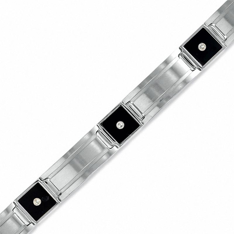 Main Image 1 of Men's Black Onyx and Diamond Accent Expansion Bracelet in Stainless Steel and 14K White Gold - 9.50&quot;
