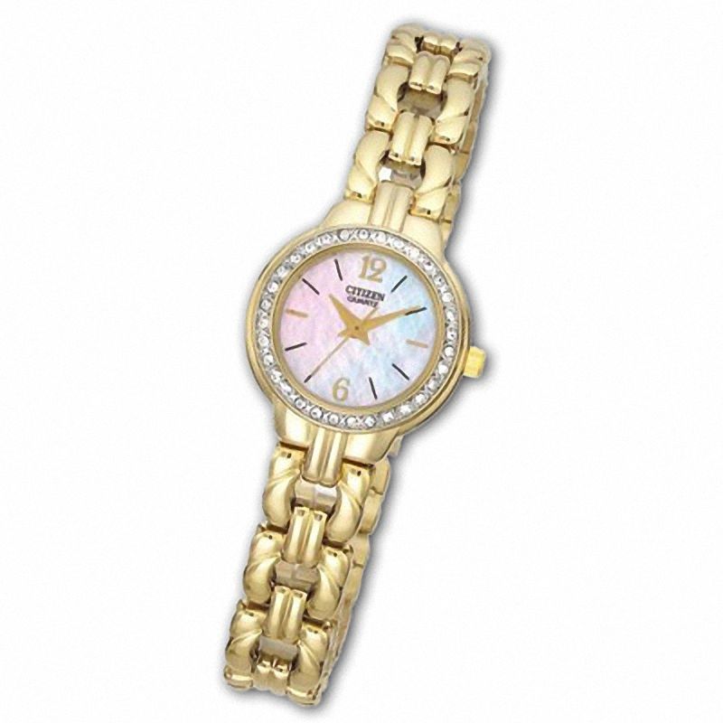 Ladies' Citizen Gold-Tone Watch with Crystals and Mother-of-Pearl Dial (Model: EJ5502-53D)|Peoples Jewellers