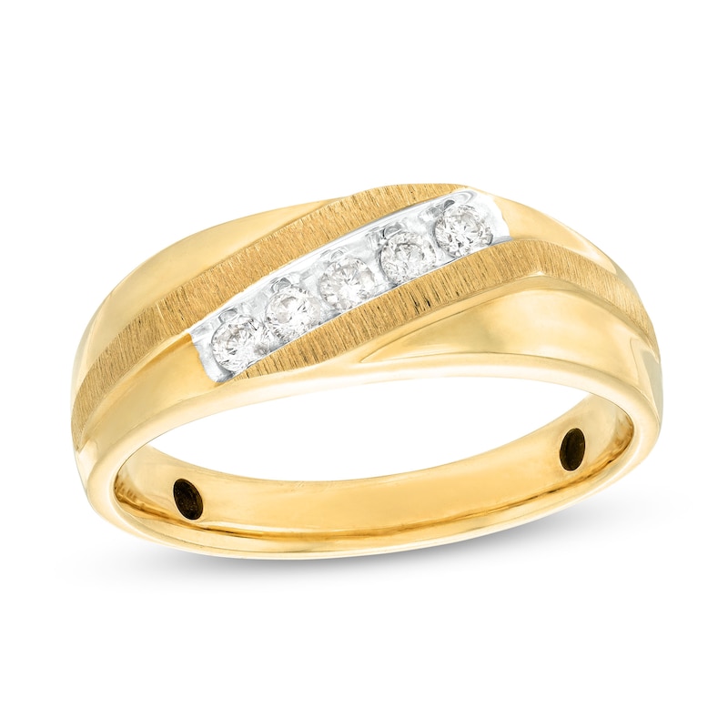Men's 0.20 CT. T.W. Diamond Five Stone Slant Luxury Fit Wedding Band in 10K Gold