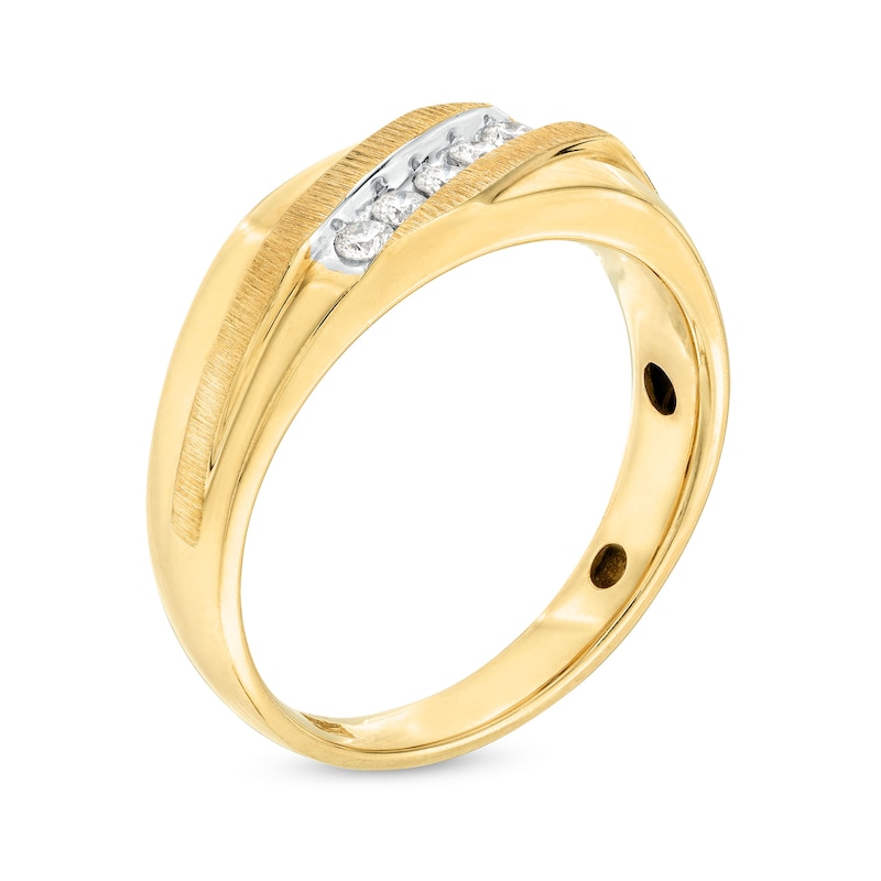 Main Image 3 of Men's 0.20 CT. T.W. Diamond Five Stone Slant Luxury Fit Wedding Band in 10K Gold