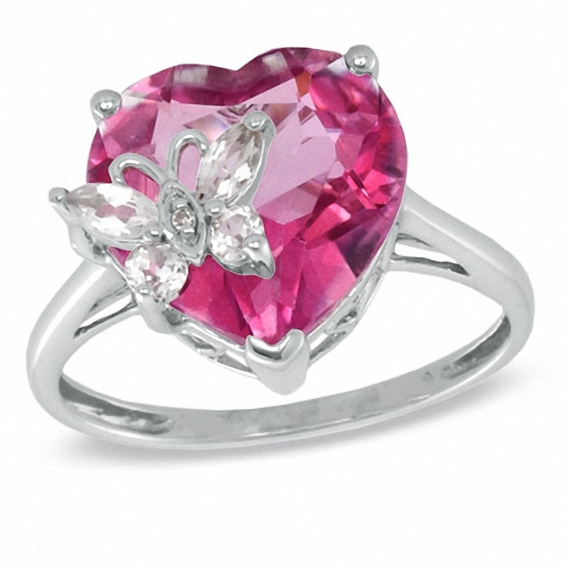 Heart-Shaped Pink Topaz, White Topaz, and Diamond Accent Ring in 10K White Gold