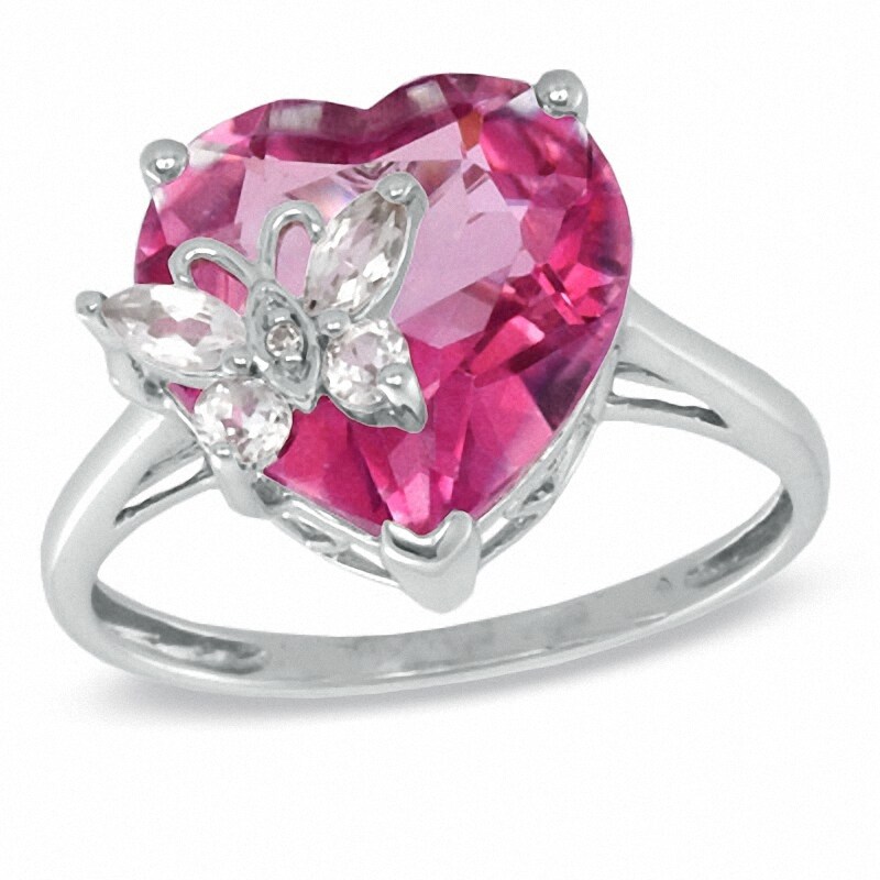Main Image 1 of Heart-Shaped Pink Topaz, White Topaz, and Diamond Accent Ring in 10K White Gold