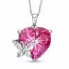 Thumbnail Image 0 of Heart-Shaped Pink Topaz, White Topaz, and Diamond Accent Butterfly Pendant in 10K White Gold