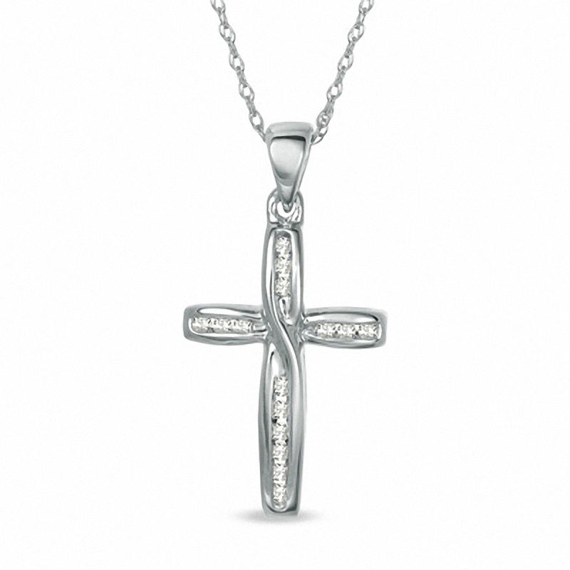 0.09 CT. T.W. Diamond Twist Cross Pendant is 10K White Gold