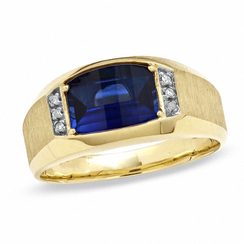 Men's Lab-Created Blue Sapphire Luxury Fit Ring in 10K Gold with Diamond Accents