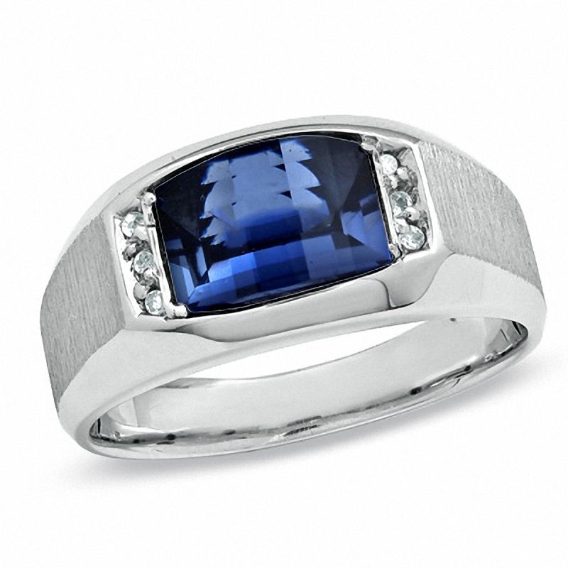 Men's Lab-Created Blue Sapphire Luxury Fit Ring in 10K White Gold with Diamond Accents