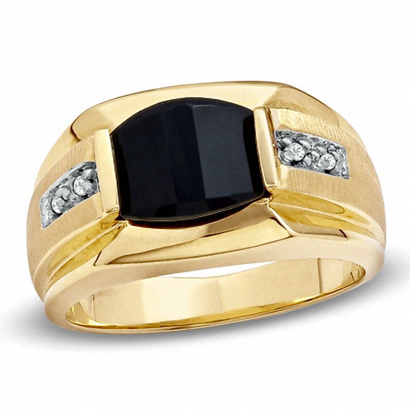 Men's Barrel-Cut Onyx Ring in 10K Gold with Diamond Accents