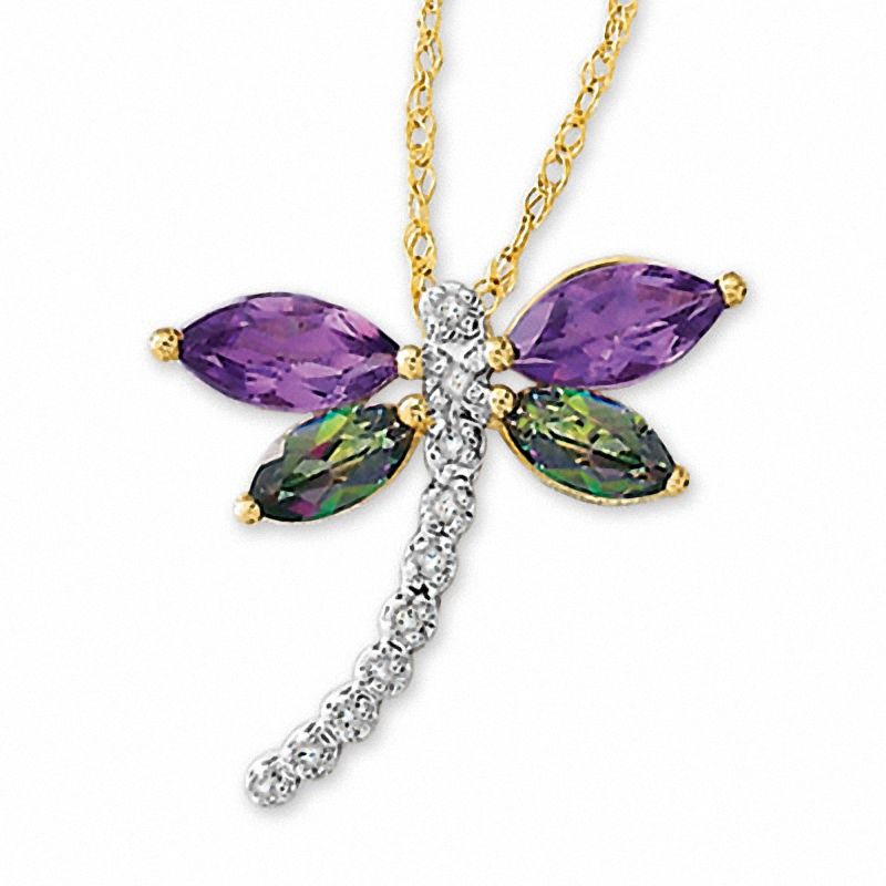 Mystic Fire® Topaz and Amethyst Dragonfly Pendant with Diamond Accents in 10K Gold