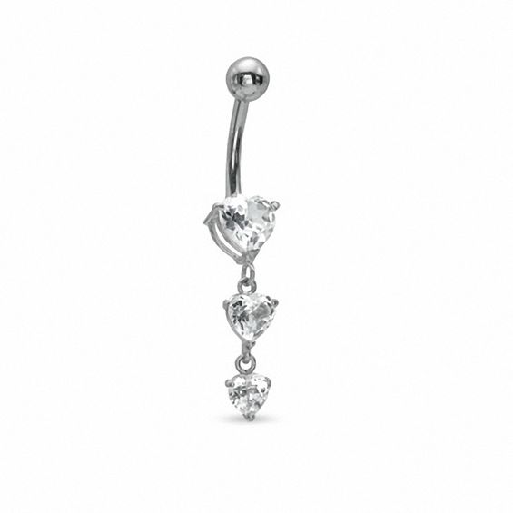 014 Gauge Three Heart Top Down Curved Barbell with Cubic Zirconia in 14K White Gold