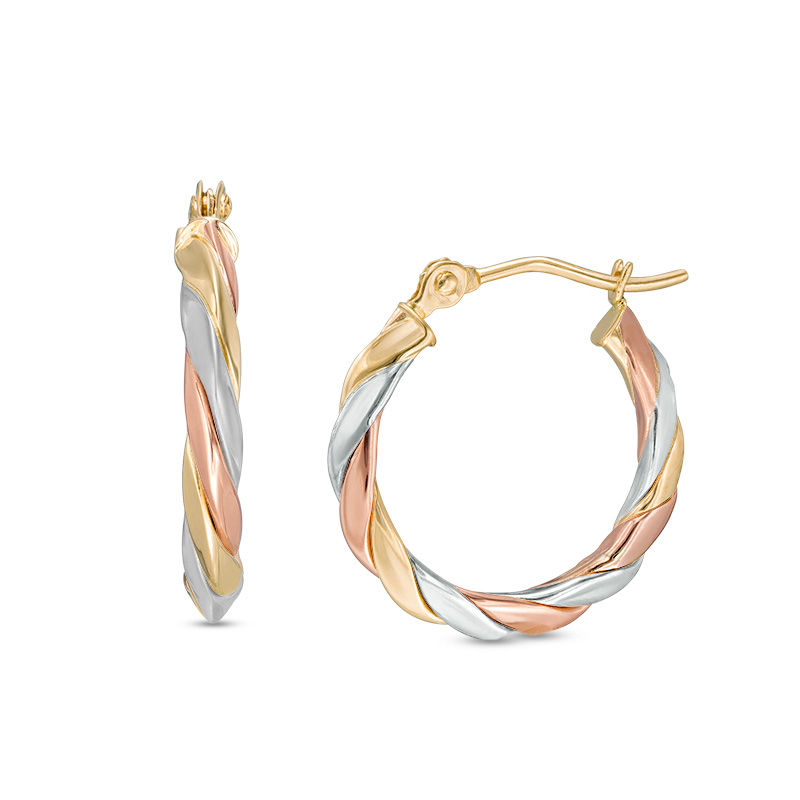 14K Tri-Tone Gold Twist Hoop Earrings|Peoples Jewellers