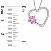 Thumbnail Image 2 of Pink Sapphire and 0.12 CT. T.W. Diamond Flower Heart Pendant in 10K White Gold