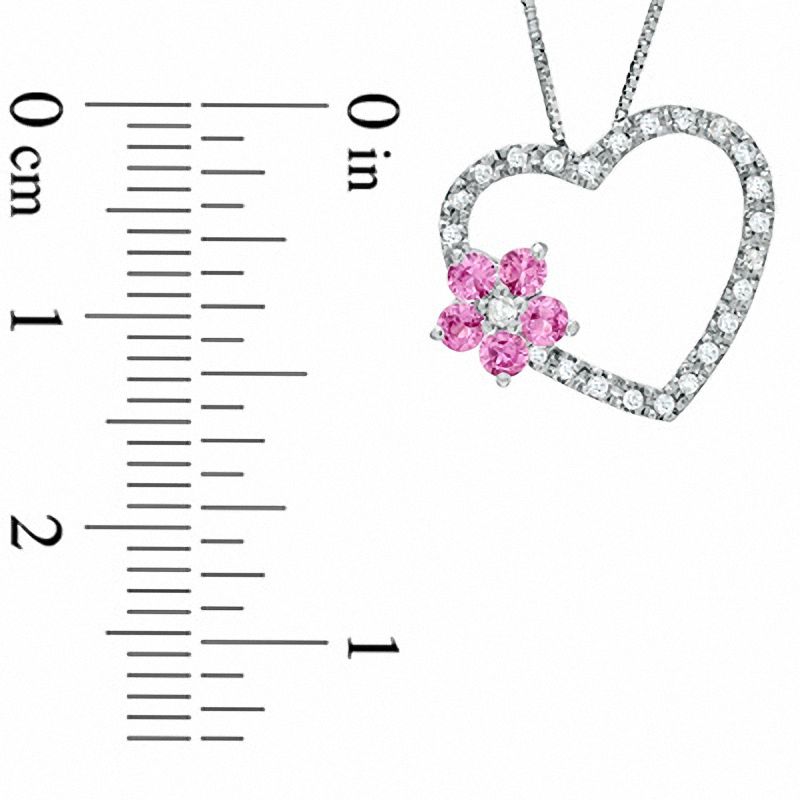 Main Image 2 of Pink Sapphire and 0.12 CT. T.W. Diamond Flower Heart Pendant in 10K White Gold
