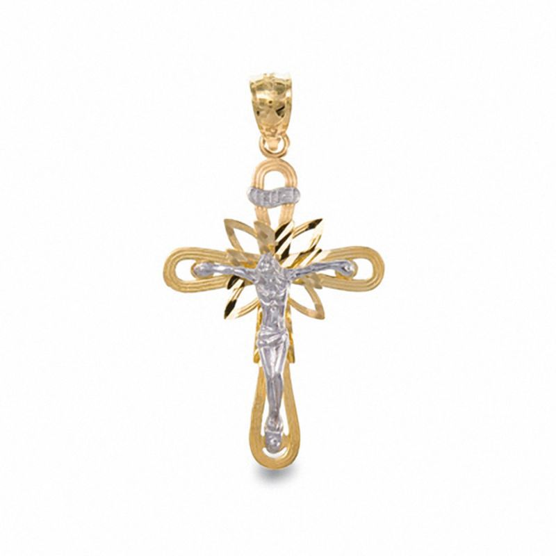 10K Two-Tone Gold Sunburst Crucifix Charm Pendant