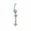 Thumbnail Image 1 of Flower Dangle Belly Button Ring with Multi-Colour Cubic Zirconia in Stainless Steel
