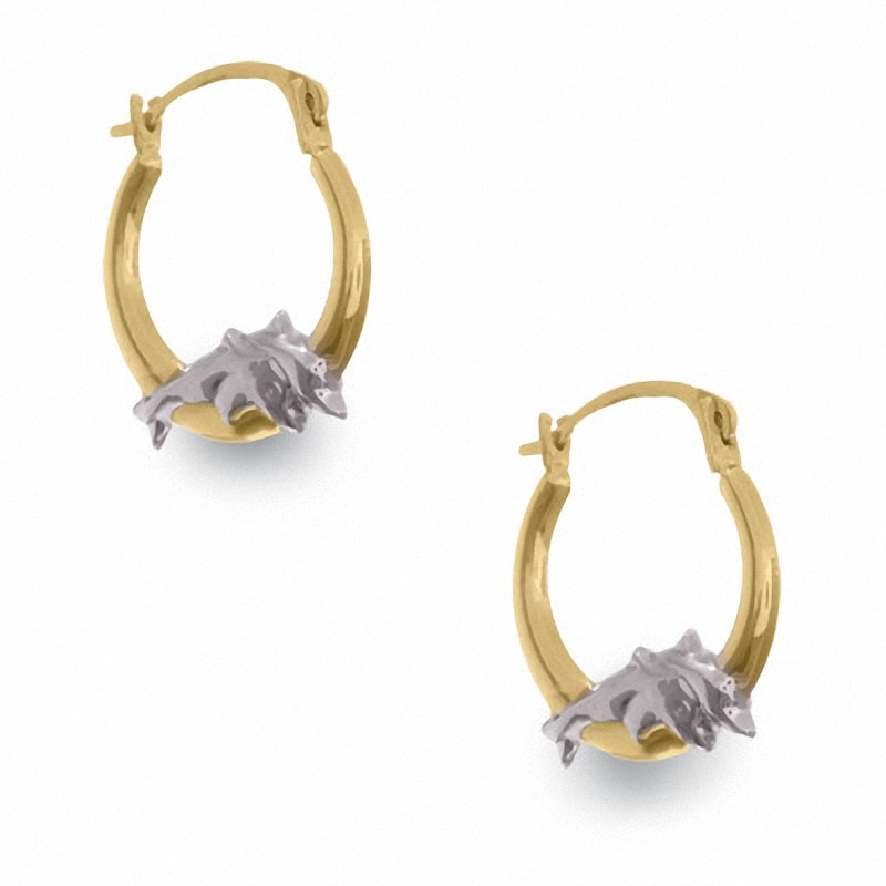 Main Image 1 of 14K Two-Tone Gold Hoop Earrings with White Gold Dolphin