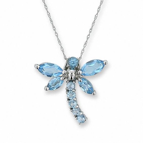 Blue Topaz Dragonfly Pendant in 10K White Gold