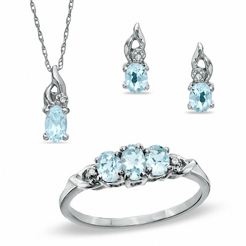 Oval Aquamarine and Diamond Accent Ring, Pendant and Earrings Set in 10K White Gold - Size 7