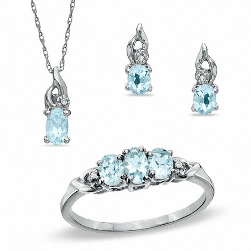 Oval Aquamarine and Diamond Accent Ring, Pendant and Earrings Set in 10K White Gold - Size 7|Peoples Jewellers