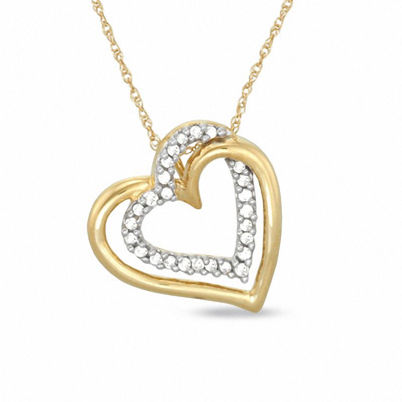 0.11 CT. T.W. Diamond Tilted Double Heart Pendant in 10K Gold