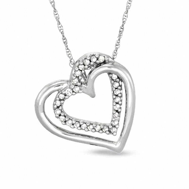 0.12 CT. T.W. Diamond Tilted Double Heart Pendant in 10K White Gold