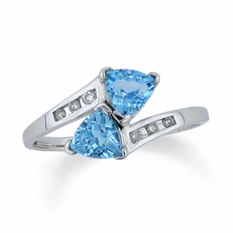 5.0mm Trillion-Cut Blue Topaz Bypass Ring in 10K White Gold with Diamond Accents