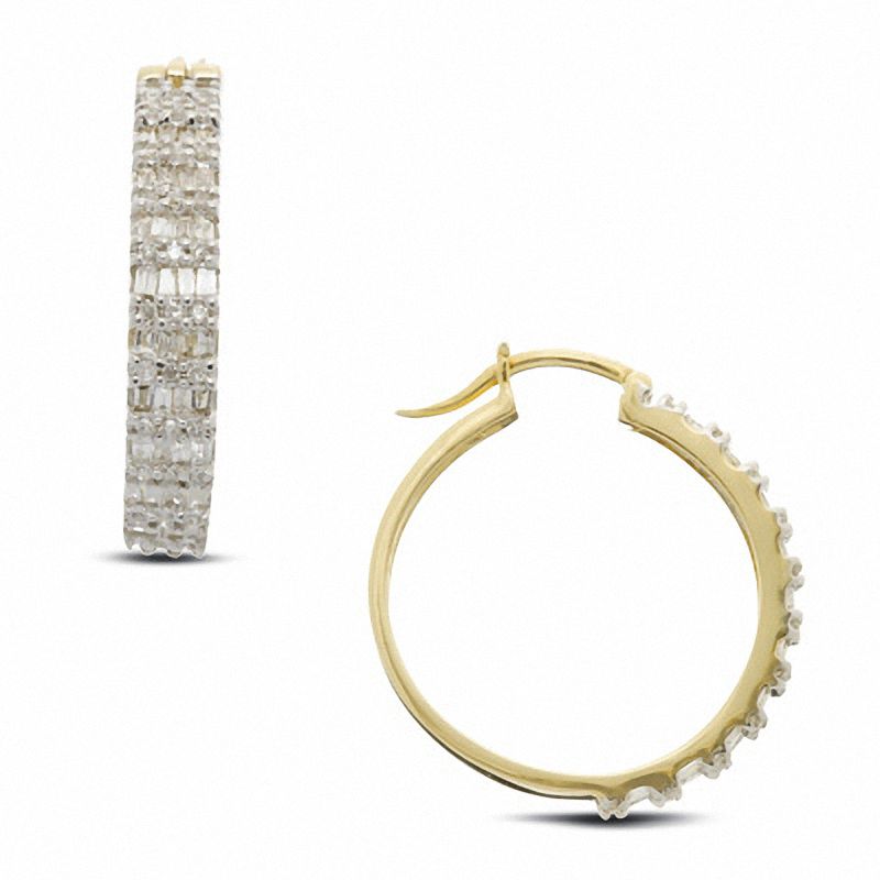 0.74 CT. T.W. Baguette and Round Diamond Hoop Earrings in 10K Gold