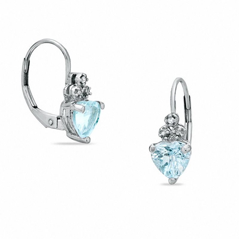 Main Image 1 of Heart-Shaped Aquamarine Leverback Earrings in 10K White Gold with a Diamond Accent