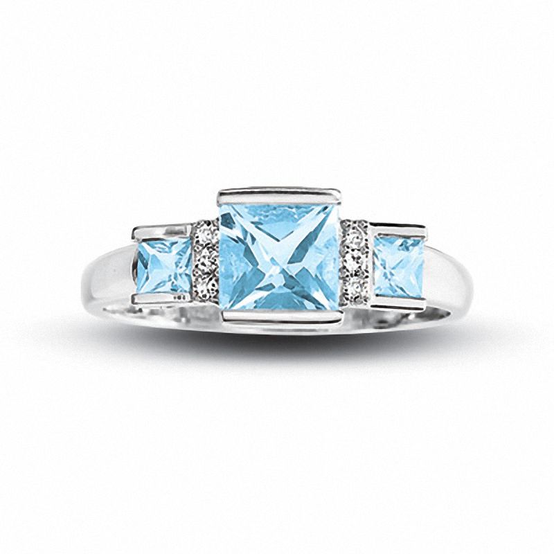 Main Image 1 of Square Aquamarine Three Stone Ring in 10K White Gold with Diamond Accents