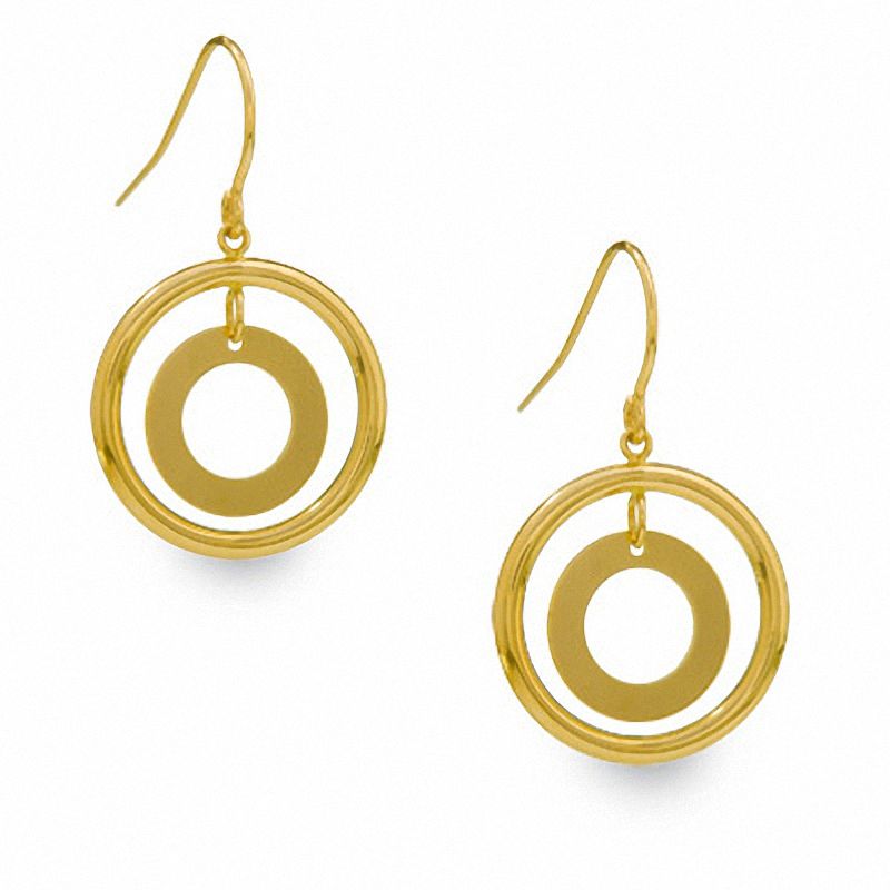 14K Gold Double Circle Tube and Disk Dangle Drop Earrings|Peoples Jewellers