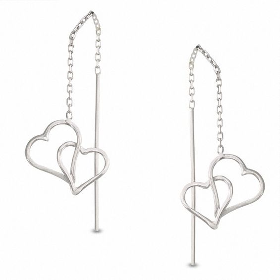 14K White Gold Double Heart Threader Earrings