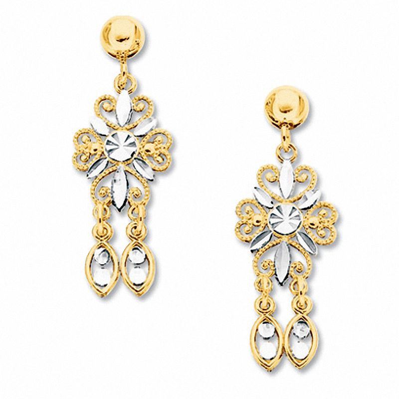 10K Two-Tone Gold Diamond-Cut Filigree Dangle Earrings|Peoples Jewellers