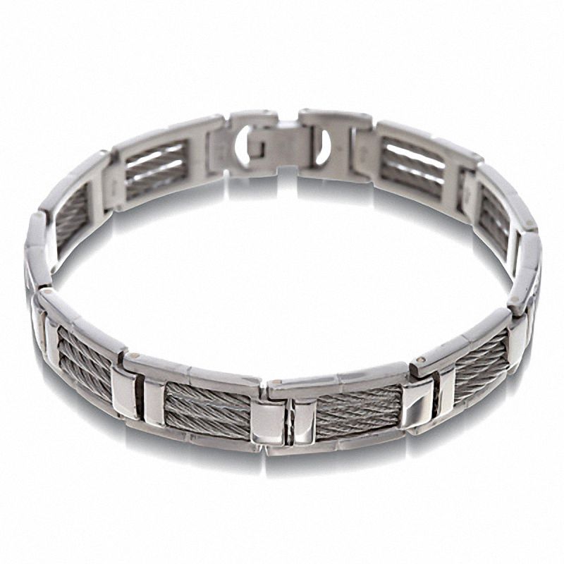 Main Image 1 of Three-Row Cable Bracelet in Stainless Steel - 8.25"