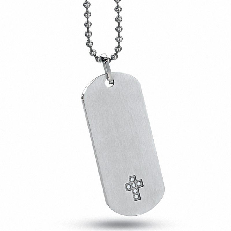 Men's Stainless Steel Dog Tag Pendant on a Bead Chain with Diamond Accent Cross|Peoples Jewellers