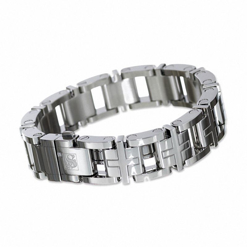 Simmons Jewelry Co. Men's Stainless Steel Cross Pattern Bracelet with Diamond Accent|Peoples Jewellers