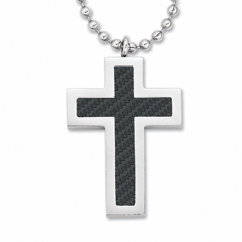 Men's Stainless Steel Cross Pendant with Carbon Fibre Accents|Peoples Jewellers