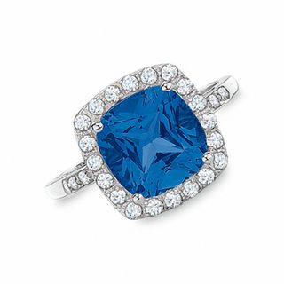 Cushion-Cut Lab-Created Ceylon and White Sapphire Ring in 10K White Gold with Diamond Accents