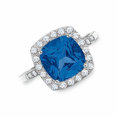 Cushion-Cut Lab-Created Ceylon and White Sapphire Ring in 10K White Gold with Diamond Accents
