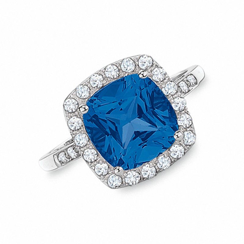 Cushion-Cut Lab-Created Ceylon and White Sapphire Ring in 10K White Gold with Diamond Accents