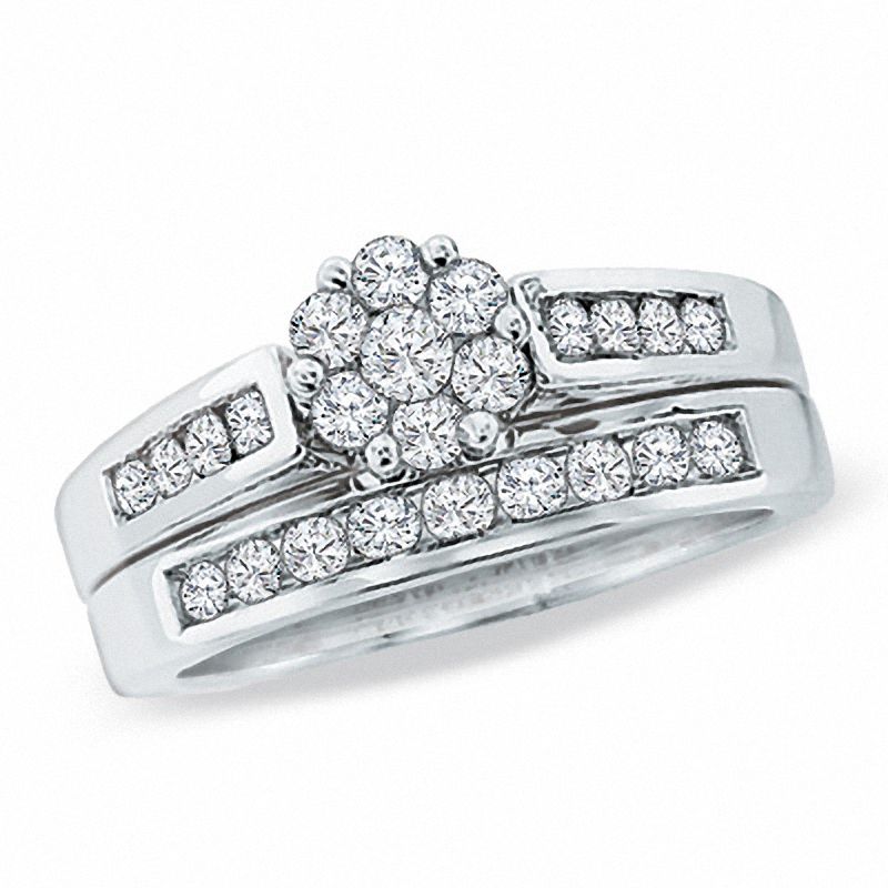 Main Image 1 of 1.00 CT. T.W. Composite Diamond Flower Bridal Set in 14K White Gold