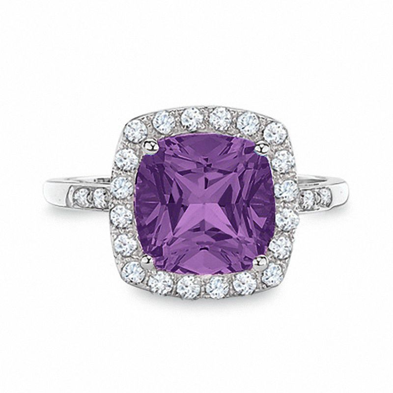 Cushion-Cut Amethyst Ring with Lab-Created White Sapphire and Diamond Accents in 10K White Gold