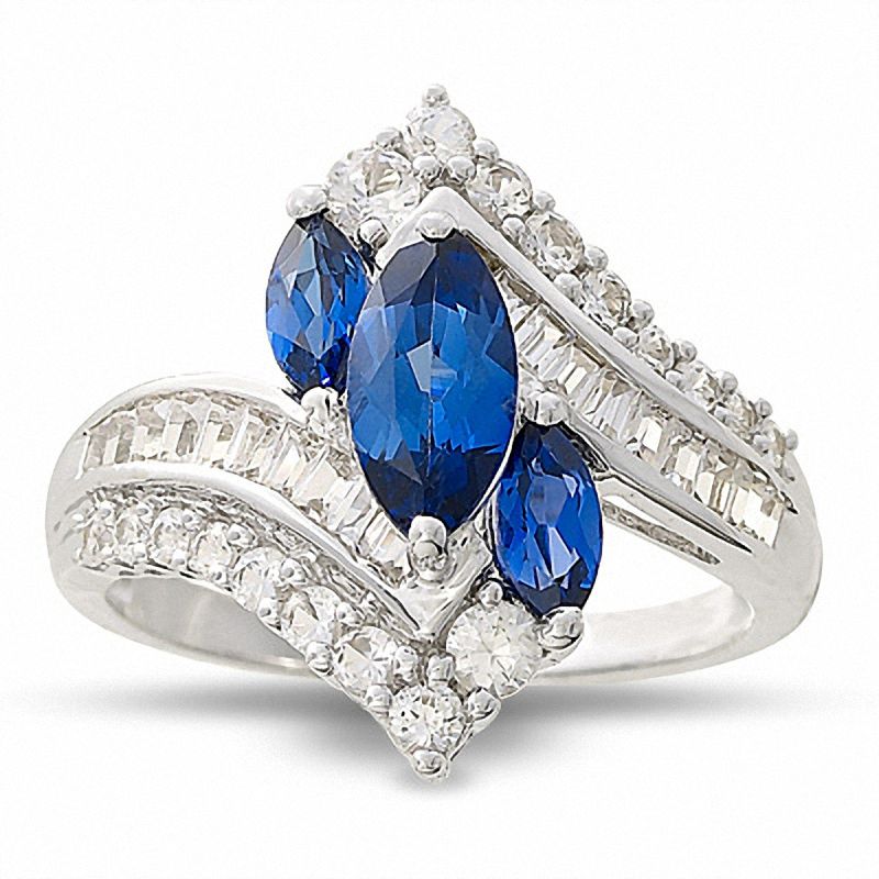 Marquise Lab-Created Ceylon Sapphire Ring with White Sapphire Accents in 10K White Gold