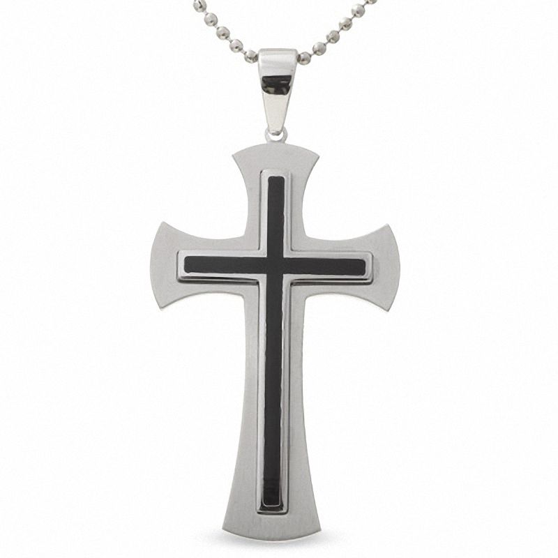 Men's Stainless Steel and Black Resin Gothic Cross Pendant