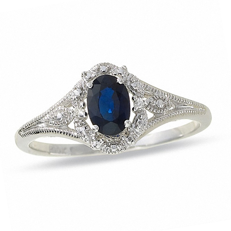 Oval Blue Sapphire Filigree Ring in 10K White Gold with Diamond Accents