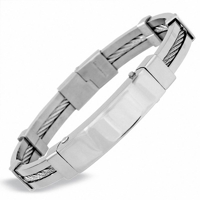 Main Image 1 of Men's Grey Stainless Steel Cable Cuff Bracelet