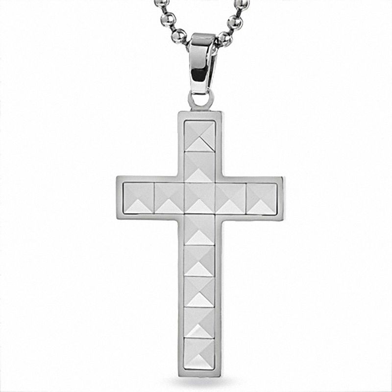 Main Image 1 of Men's Stainless Steel and Tungsten Peak Cross Pendant